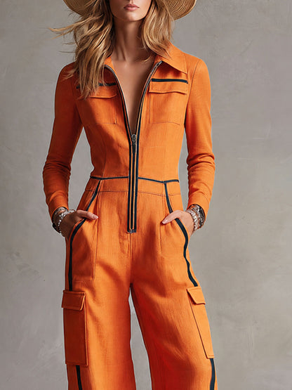 Casual Retro Color-blocked Orange Cotton And Linen Long-sleeved Jumpsuit