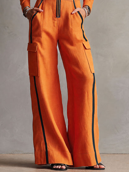 Casual Retro Color-blocked Orange Cotton And Linen Long-sleeved Jumpsuit