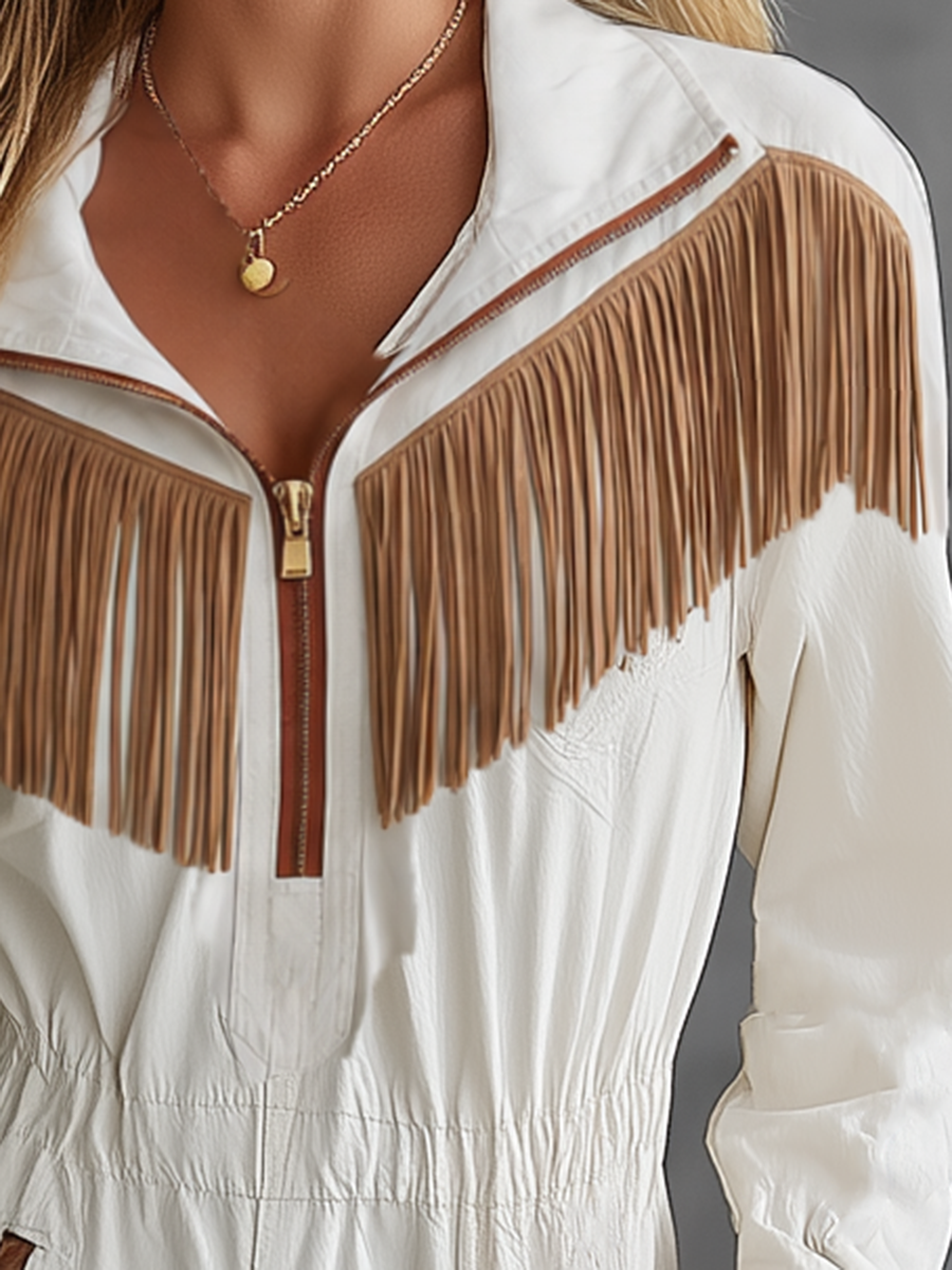 Retro Western Suede Fringe Half-zip Jogger Workwear Jumpsuit