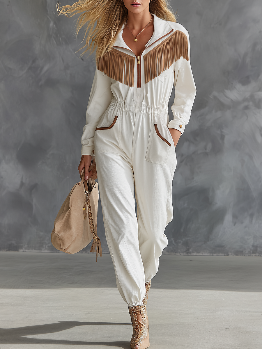 Retro Western Suede Fringe Half-zip Jogger Workwear Jumpsuit