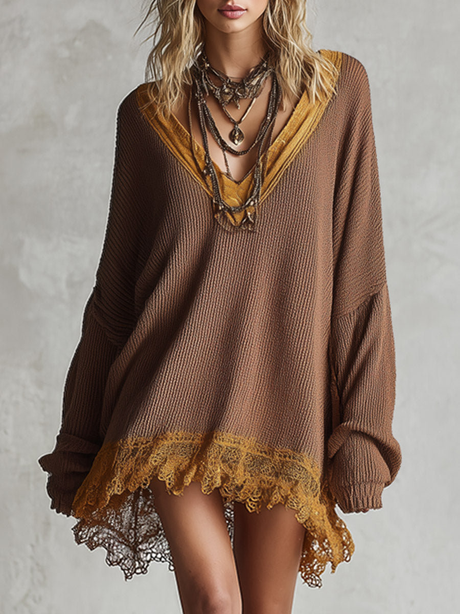 Retro-chic Oversized Color-block Lace-trim Brown Knit Mini Dress