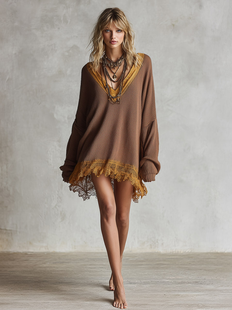 Retro-chic Oversized Color-block Lace-trim Brown Knit Mini Dress