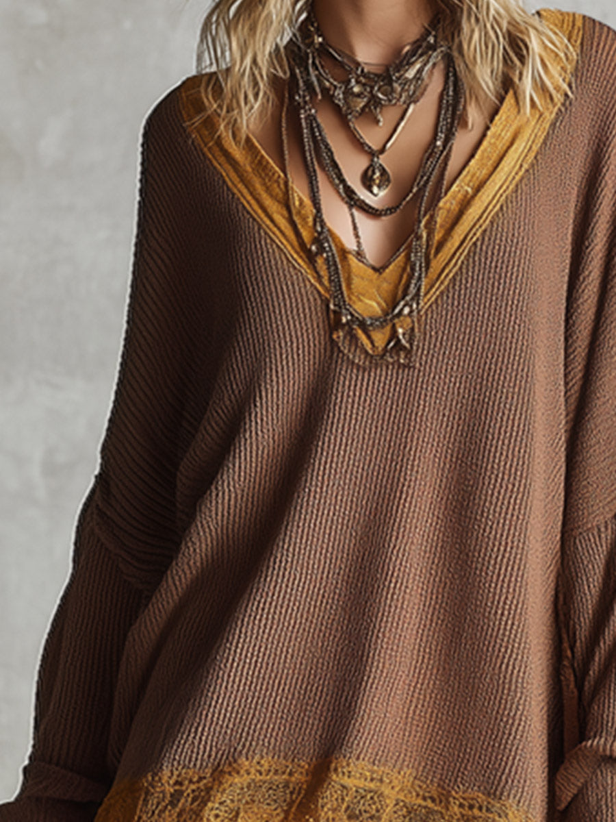 Retro-chic Oversized Color-block Lace-trim Brown Knit Mini Dress
