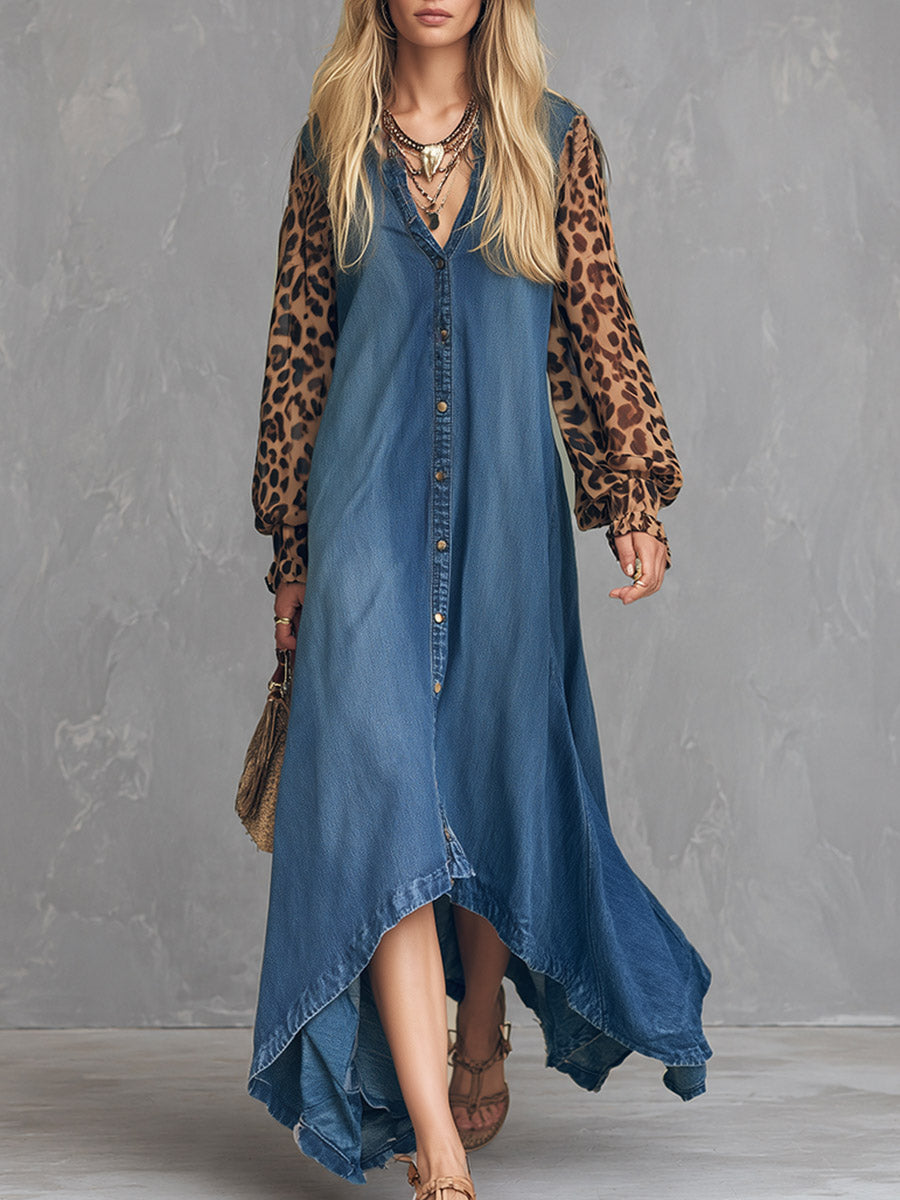 Vintage Casual Blue Denim Leopard-Print Sleeves Maxi Dress