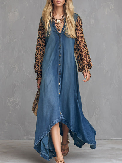 Vintage Casual Blue Denim Leopard-Print Sleeves Maxi Dress