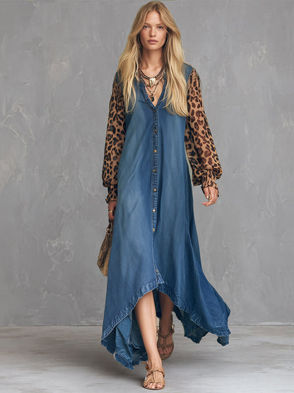 Vintage Casual Blue Denim Leopard-Print Sleeves Maxi Dress