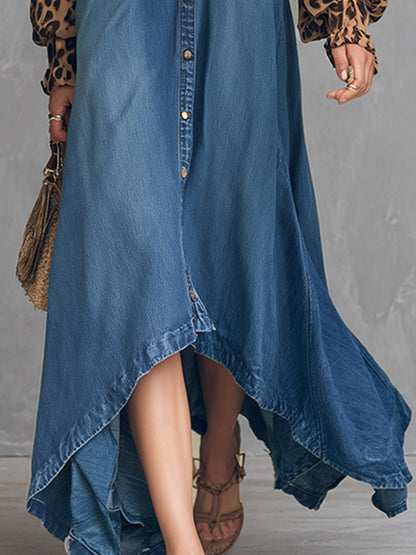 Vintage Casual Blue Denim Leopard-Print Sleeves Maxi Dress