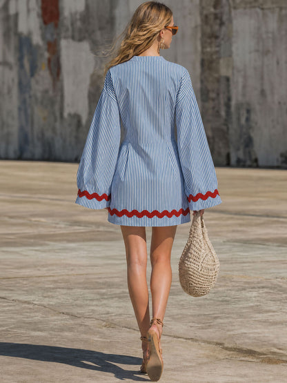 Fashionable Retro Red Wavy Ribbon Long-sleeved Blue Cotton Linen Mini Dress