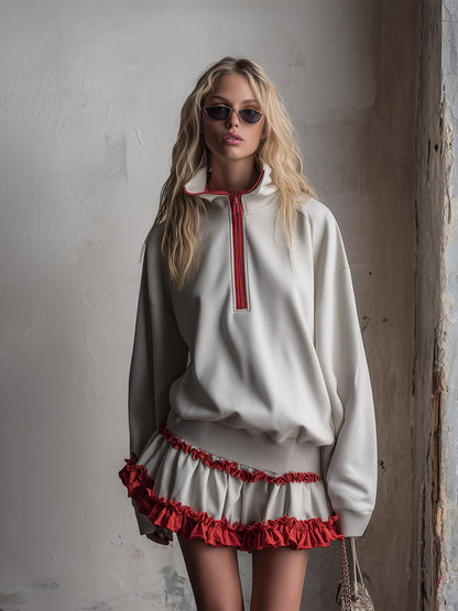 Sporty-chic Ruffled Off-white Half-zip Cotton Mini Dress
