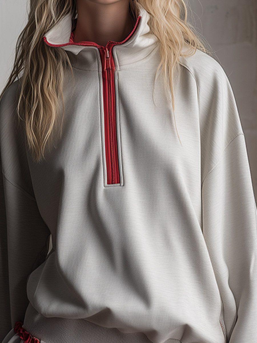 Sporty-chic Ruffled Off-white Half-zip Cotton Mini Dress