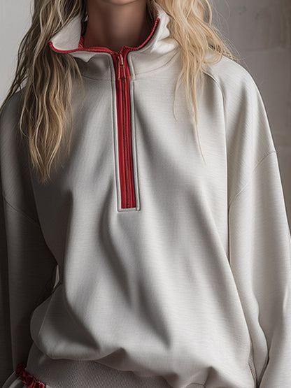 Sporty-chic Ruffled Off-white Half-zip Cotton Mini Dress
