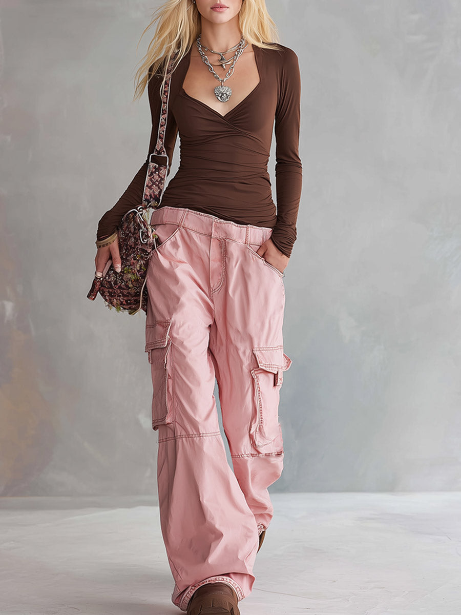 Casual Everyday Brown Stretch Top &amp; Pink Wide-Leg Cargo Pants Set