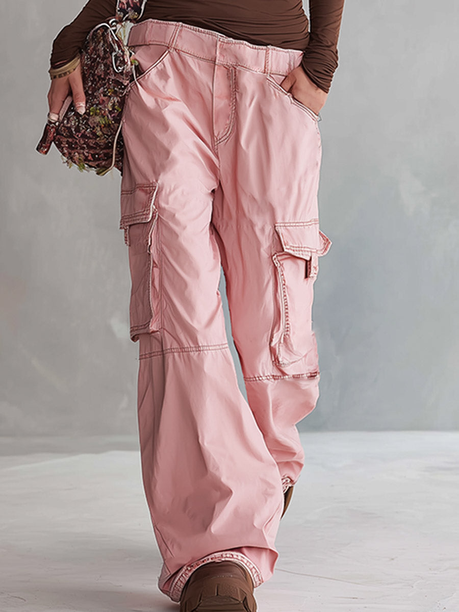 Casual Everyday Brown Stretch Top &amp; Pink Wide-Leg Cargo Pants Set