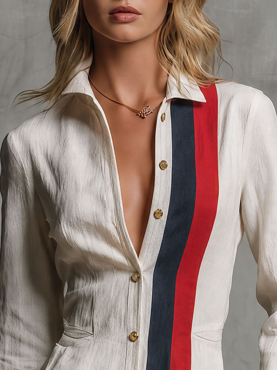 Retro Color-blocked Striped White Single-breasted Collar Cotton Maxi Dress