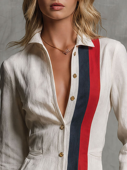 Retro Color-blocked Striped White Single-breasted Collar Cotton Maxi Dress