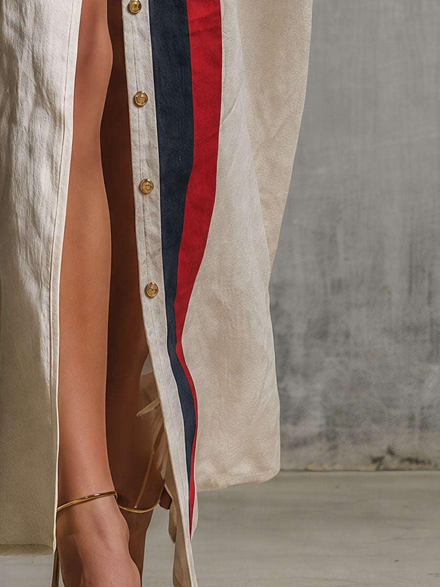 Retro Color-blocked Striped White Single-breasted Collar Cotton Maxi Dress
