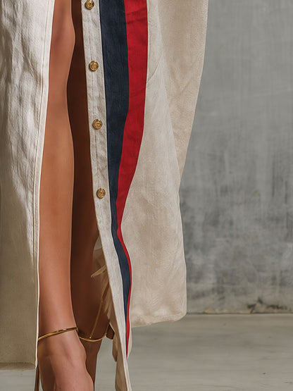 Retro Color-blocked Striped White Single-breasted Collar Cotton Maxi Dress