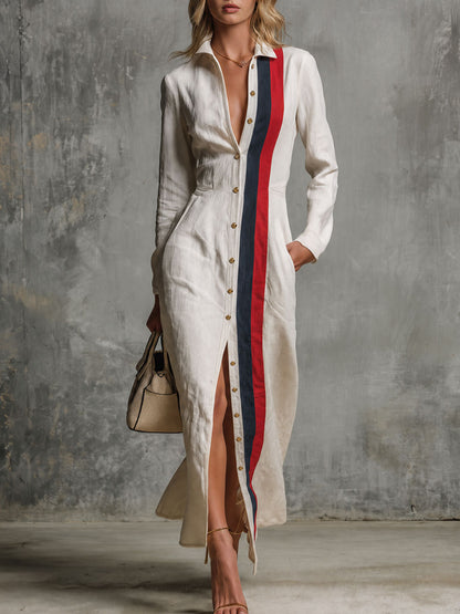 Retro Color-blocked Striped White Single-breasted Collar Cotton Maxi Dress