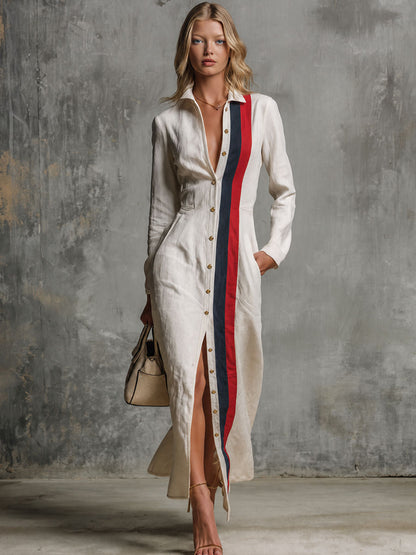 Retro Color-blocked Striped White Single-breasted Collar Cotton Maxi Dress