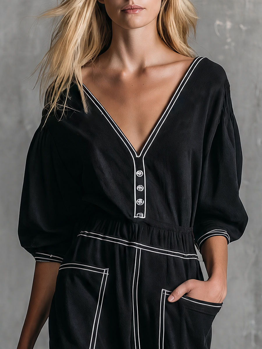 Casual Retro Black V-neck Three-quarter Sleeve Pocket Slit Cotton Midi Dress
