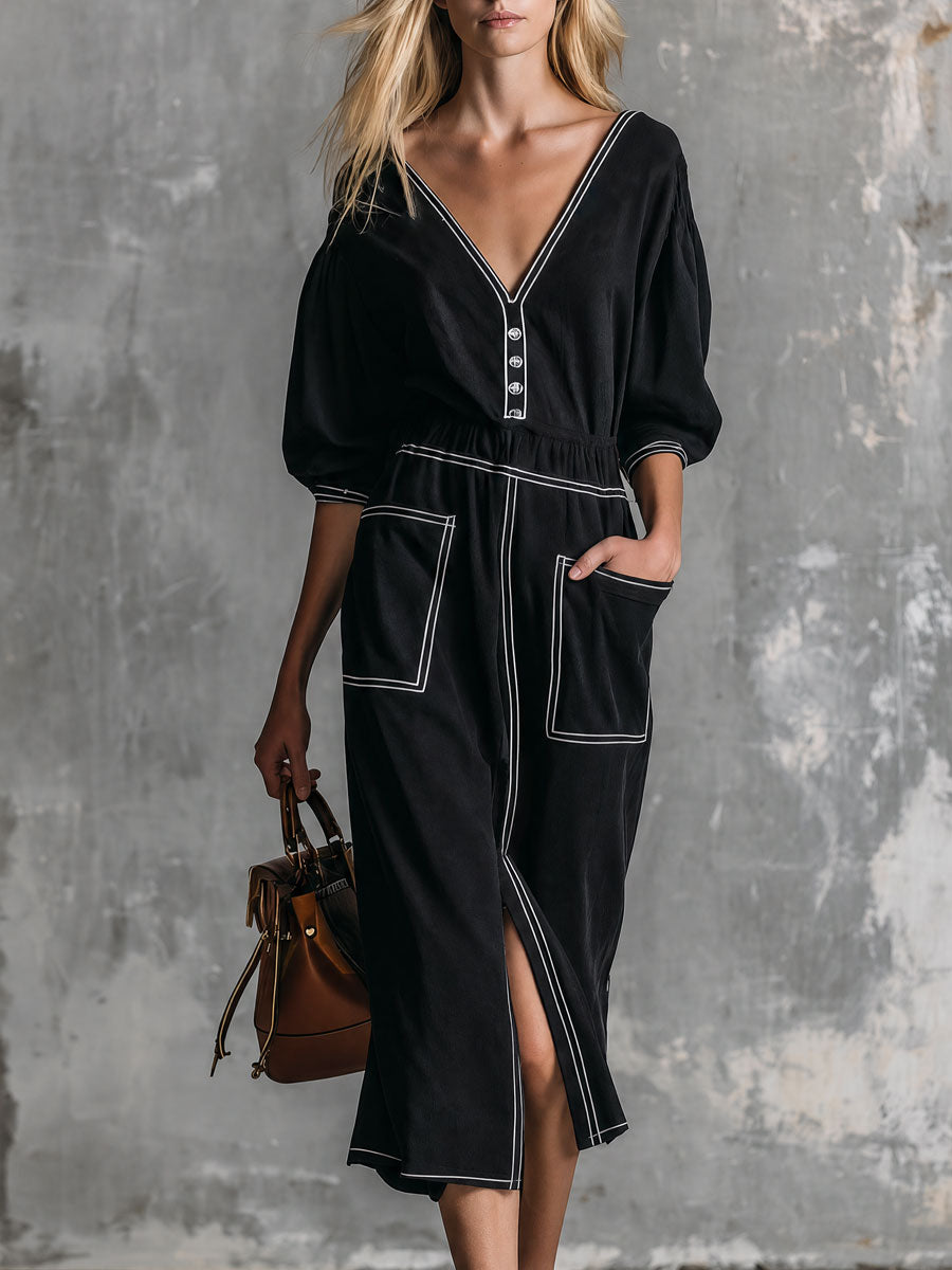 Casual Retro Black V-neck Three-quarter Sleeve Pocket Slit Cotton Midi Dress