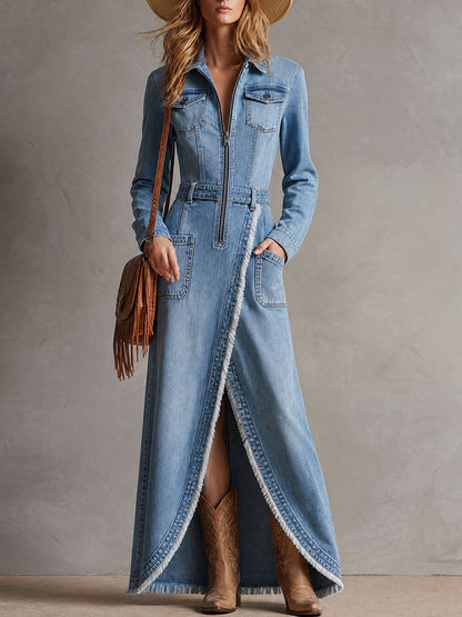 Elegant Retro Blue Denim Zip-up Long-sleeved Split Frayed Maxi Dress