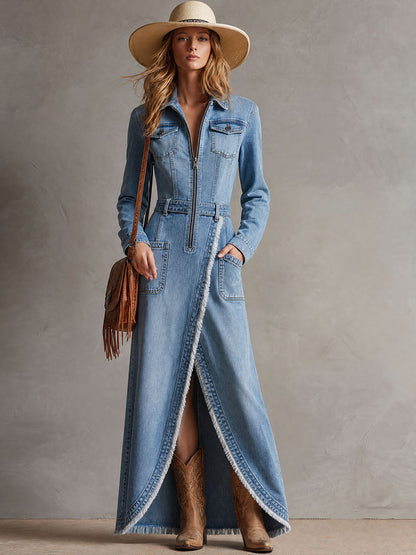 Elegant Retro Blue Denim Zip-up Long-sleeved Split Frayed Maxi Dress