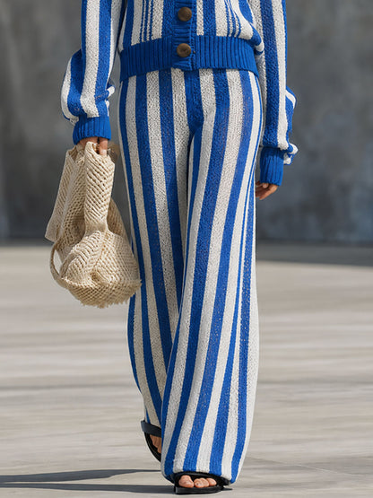 Casual And Stylish Blue And White Striped Knit Cardigan And Wide-leg Pants Set