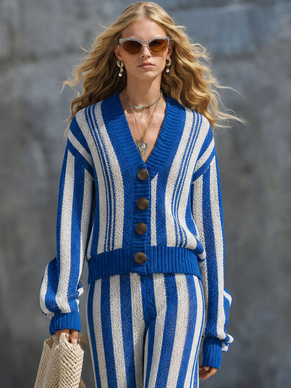 Casual And Stylish Blue And White Striped Knit Cardigan And Wide-leg Pants Set