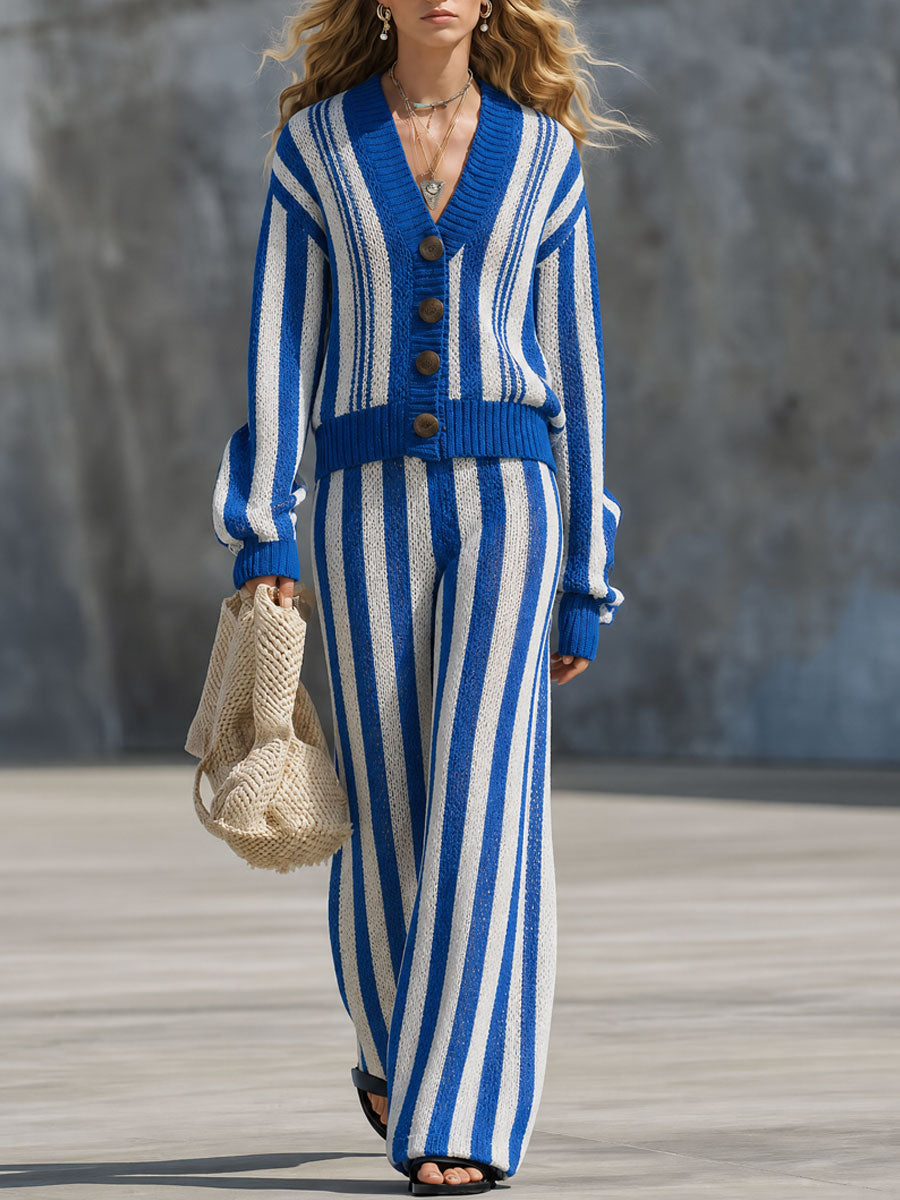 Casual And Stylish Blue And White Striped Knit Cardigan And Wide-leg Pants Set