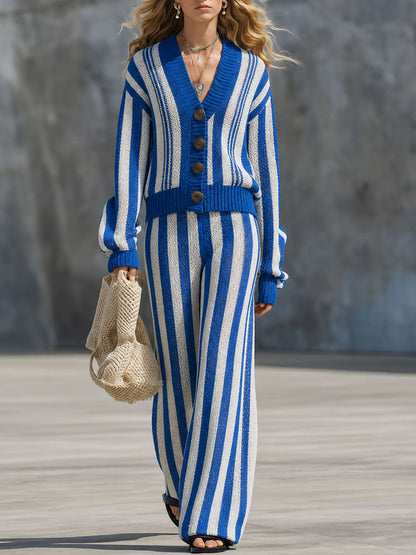 Casual And Stylish Blue And White Striped Knit Cardigan And Wide-leg Pants Set