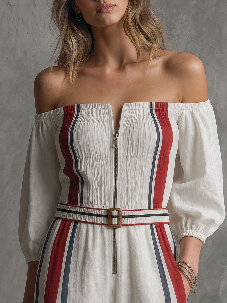 Retro Color-blocked Striped White Off-shoulder Cotton And Linen Jumpsuit