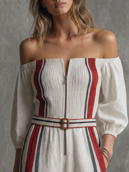 Retro Color-blocked Striped White Off-shoulder Cotton And Linen Jumpsuit