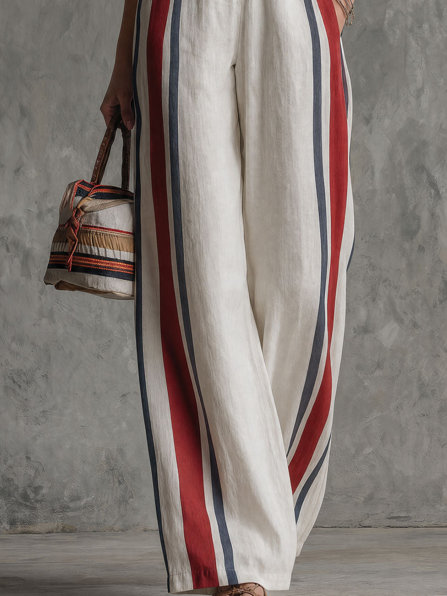 Retro Color-blocked Striped White Off-shoulder Cotton And Linen Jumpsuit