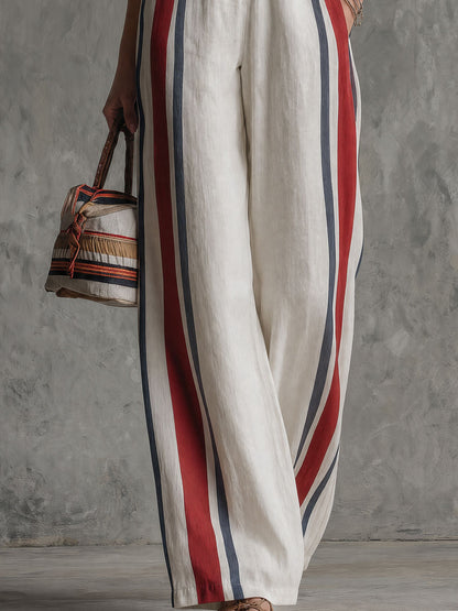 Retro Color-blocked Striped White Off-shoulder Cotton And Linen Jumpsuit