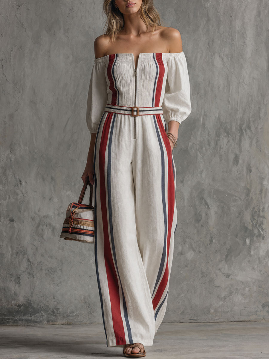 Retro Color-blocked Striped White Off-shoulder Cotton And Linen Jumpsuit