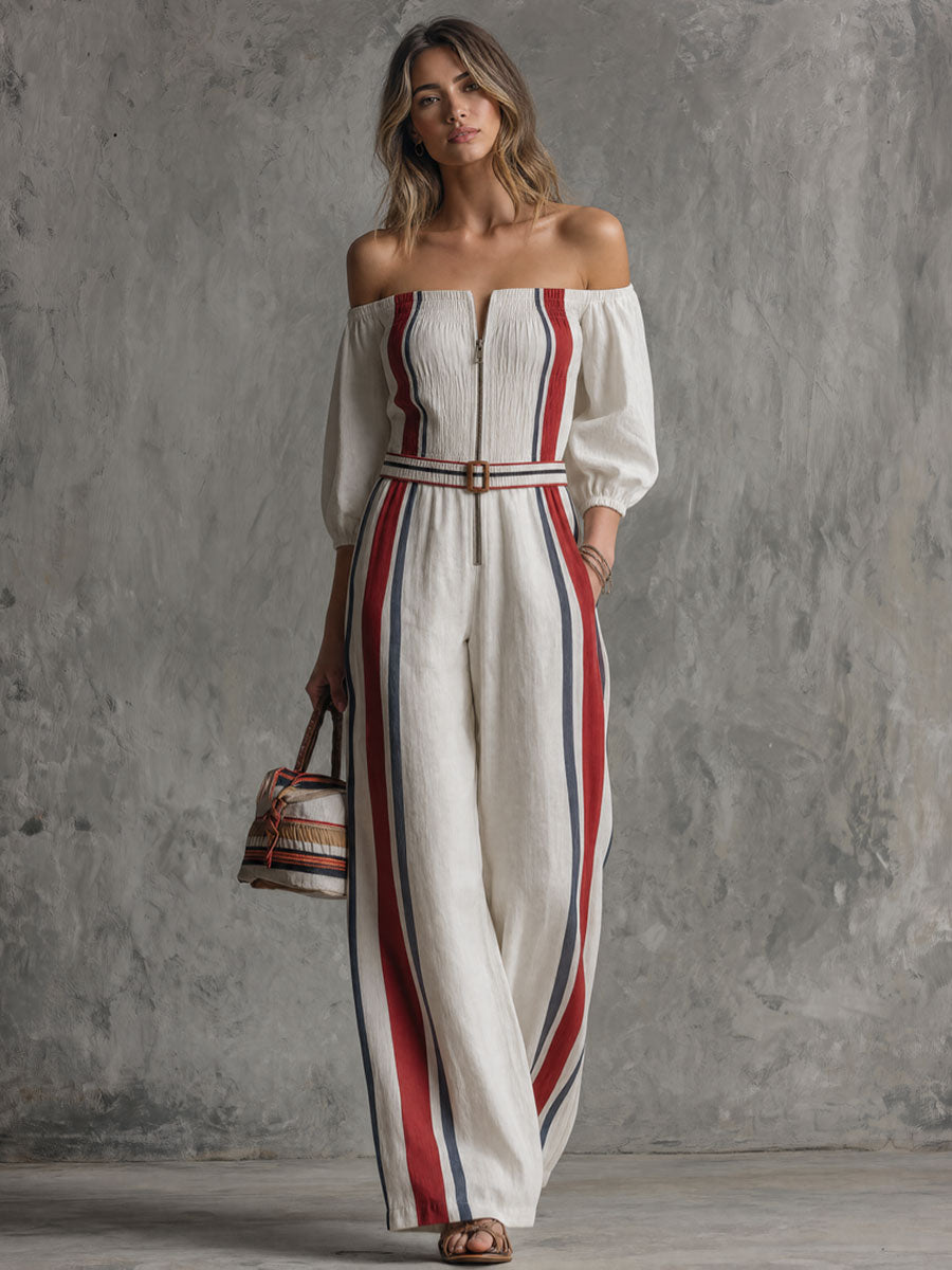 Retro Color-blocked Striped White Off-shoulder Cotton And Linen Jumpsuit