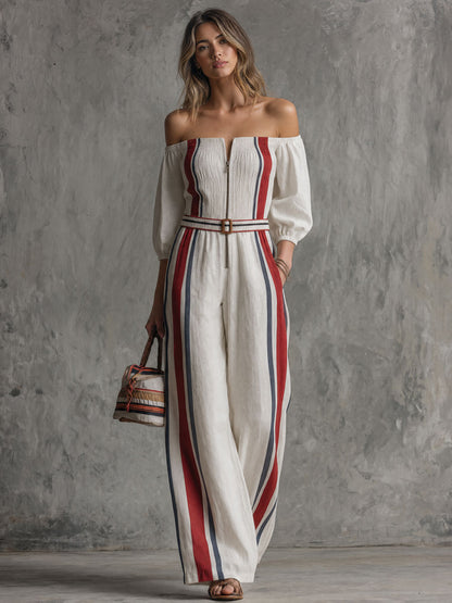 Retro Color-blocked Striped White Off-shoulder Cotton And Linen Jumpsuit