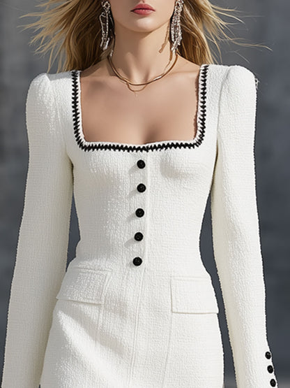 Fashionable Retro Black Wavy Ribbon White Textured Long-sleeved Mini Dress