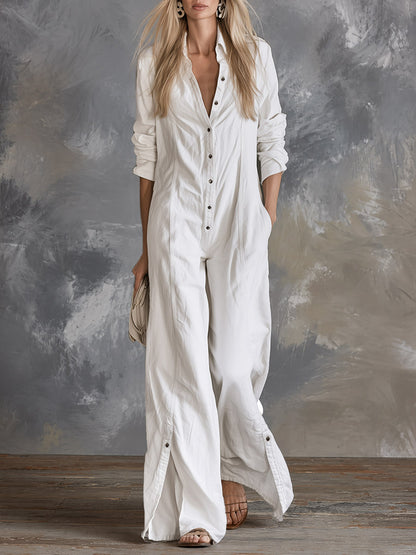 Casual Minimalist White Collared Single-breasted Jumpsuit