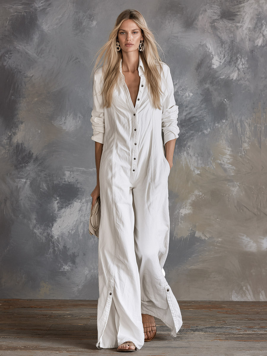 Casual Minimalist White Collared Single-breasted Jumpsuit