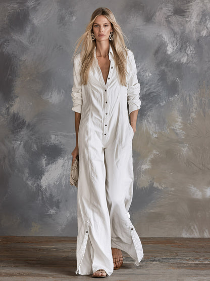 Casual Minimalist White Collared Single-breasted Jumpsuit