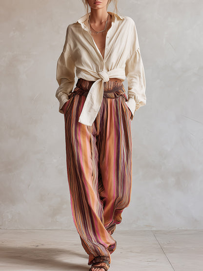 Retro-style Boho Shirt and Striped High-waisted Wide-leg Pants Set