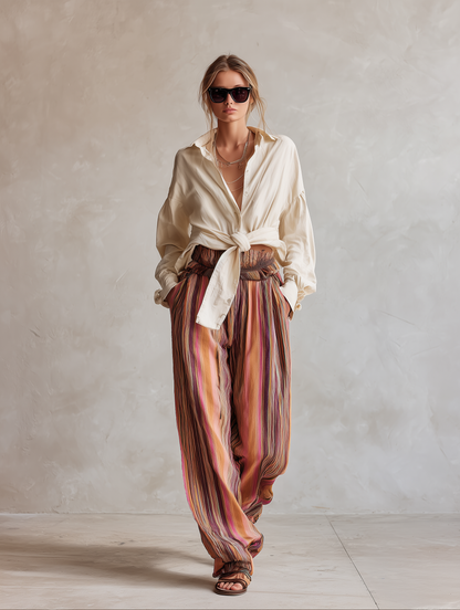 Retro-style Boho Shirt and Striped High-waisted Wide-leg Pants Set