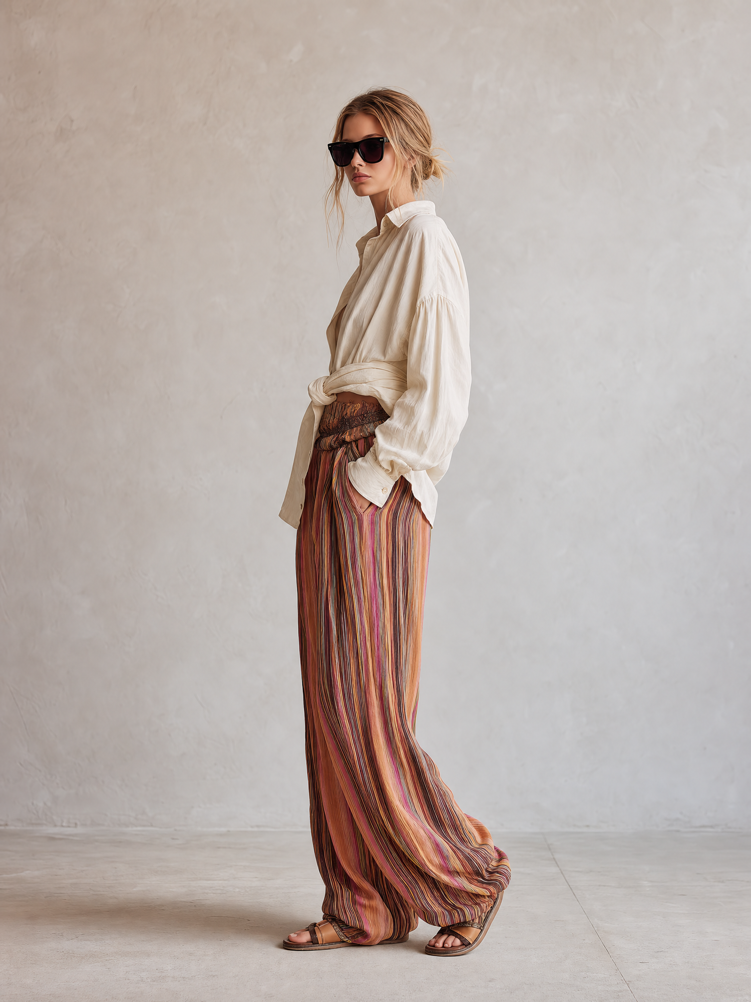 Retro-style Boho Shirt and Striped High-waisted Wide-leg Pants Set
