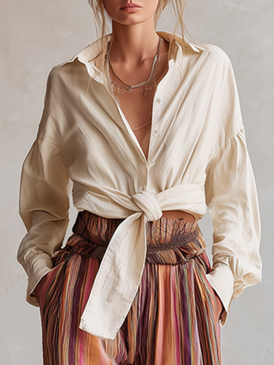 Retro-style Boho Shirt and Striped High-waisted Wide-leg Pants Set