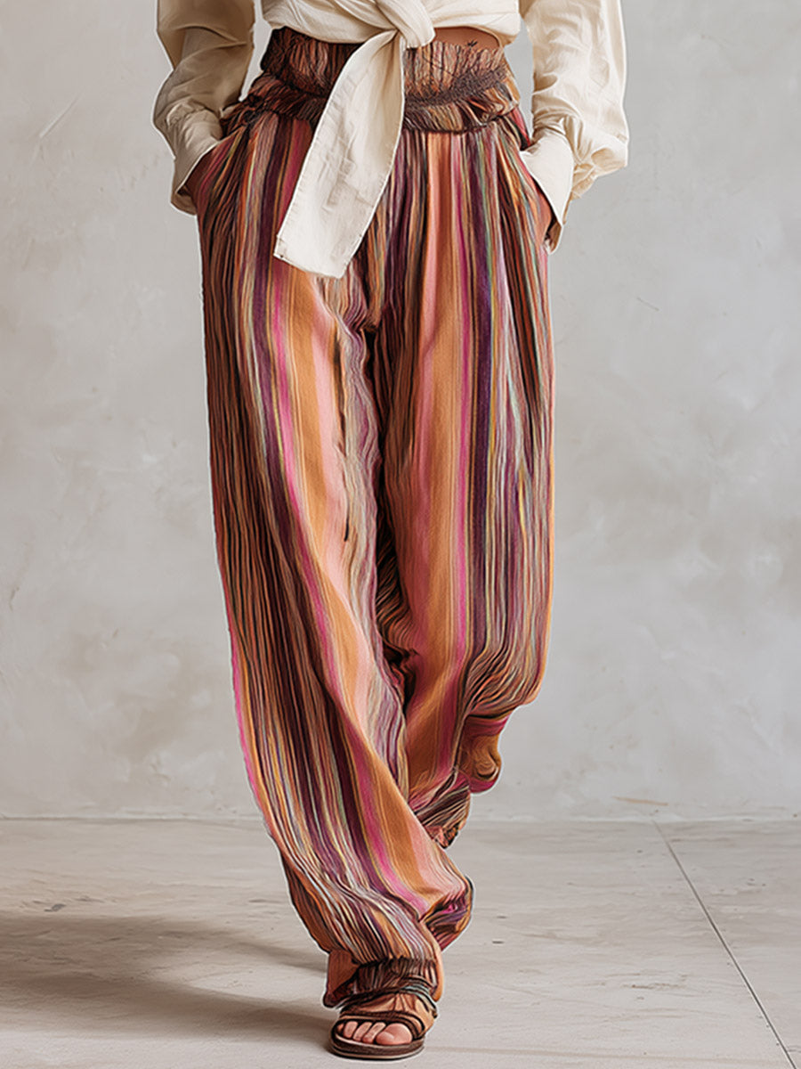 Retro-style Boho Shirt and Striped High-waisted Wide-leg Pants Set