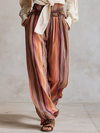 Retro-style Boho Shirt and Striped High-waisted Wide-leg Pants Set