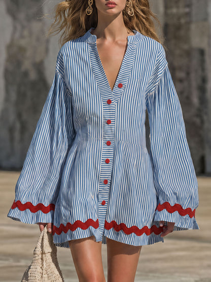 Fashionable Retro Red Wavy Ribbon Long-sleeved Blue Cotton Linen Mini Dress