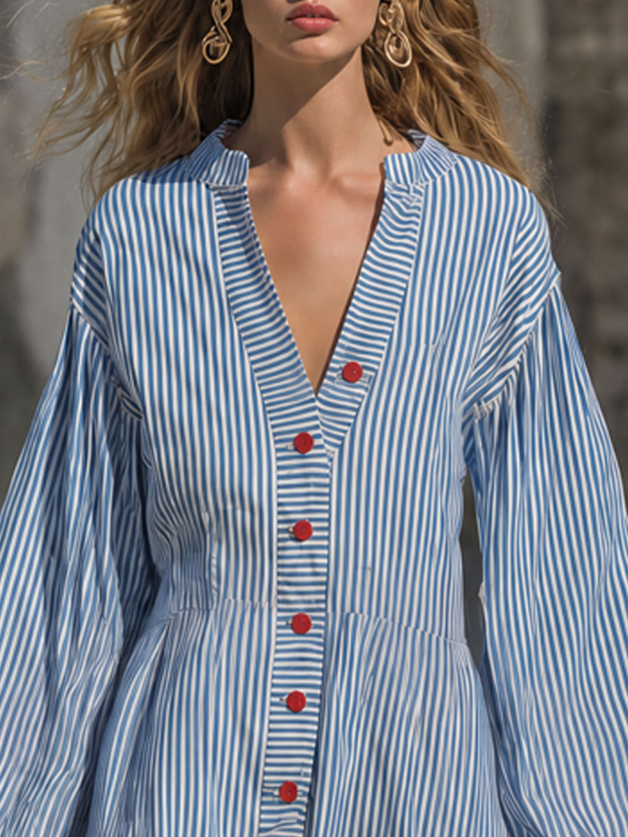 Fashionable Retro Red Wavy Ribbon Long-sleeved Blue Cotton Linen Mini Dress